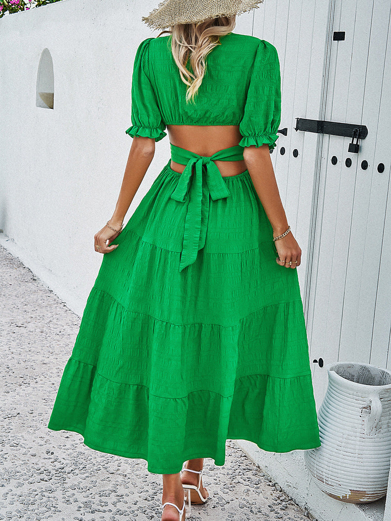 Grøn V-hals bindebånd talje lagdelt kjole 