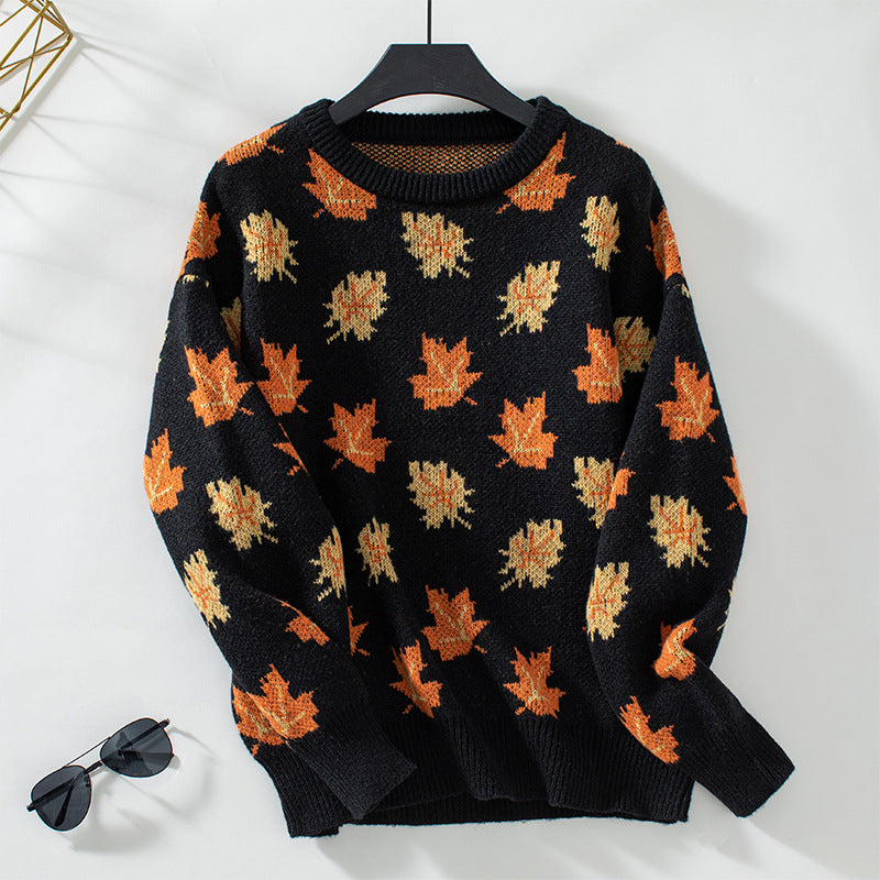 Maple Leaf Printed Long Sleeve Knitted Sweatshirt