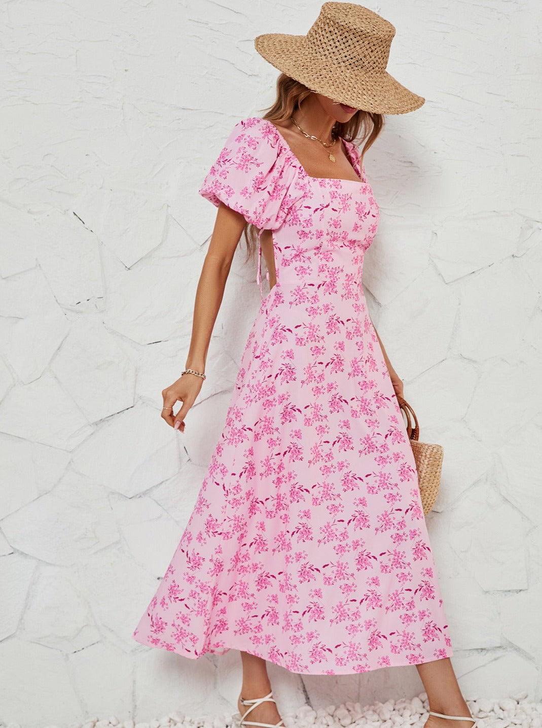 Pink Summer Printed Square Neck Lace-Up Dress
