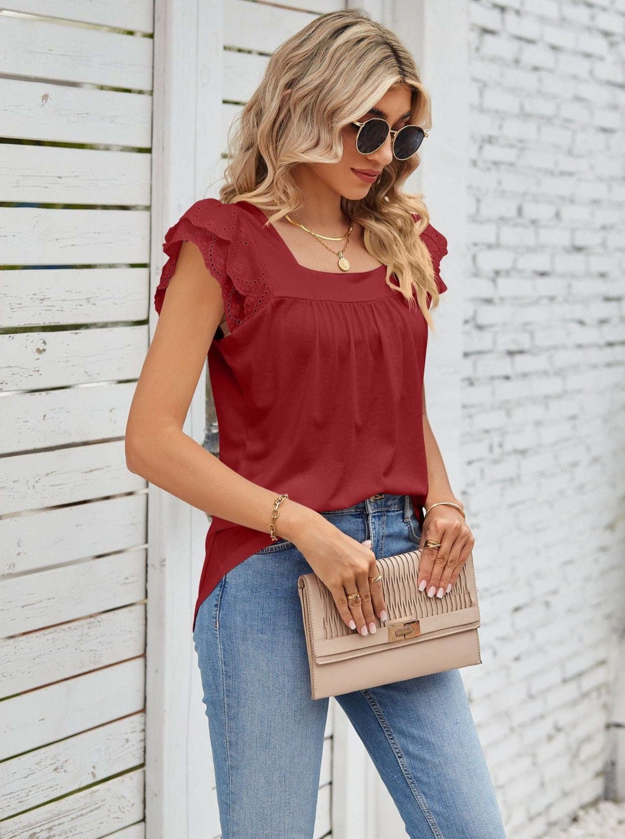Red Lace Stitching Square Collar Petal Short-Sleeved Shirt