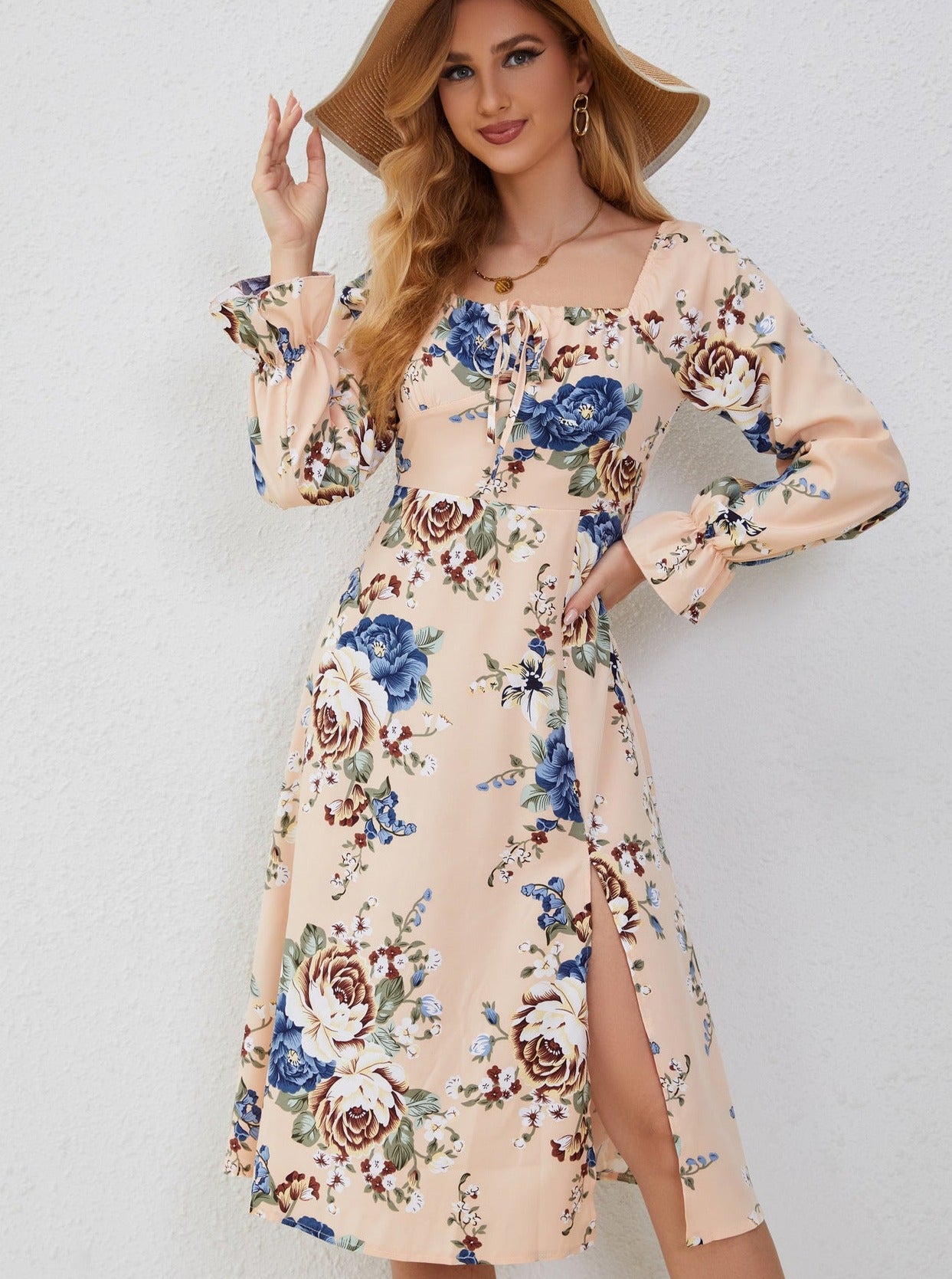 Elegant floral print elastisk firkantet hals midi kjole 