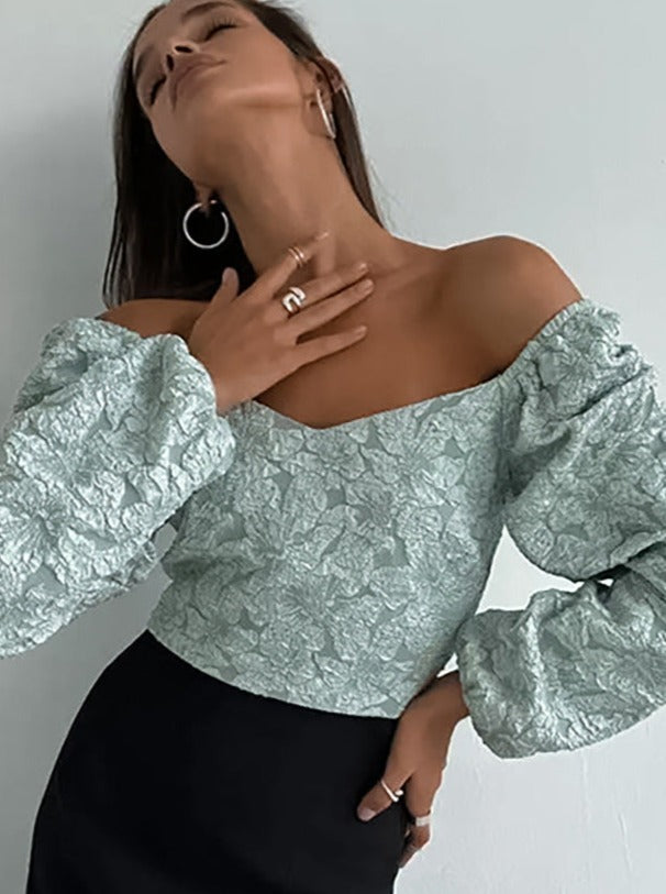 Solid Color Jacquard V-Neck Bubble Sleeves Top