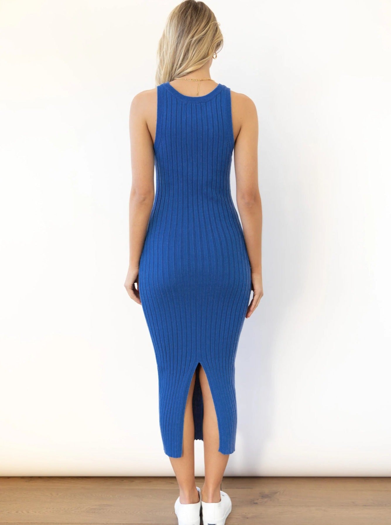 Blue Bodycon Hip-Wrapped Slit Dress