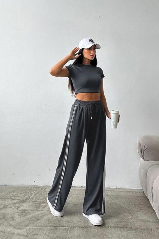 Sporty Short Sleeve Crop Top and Pants Set