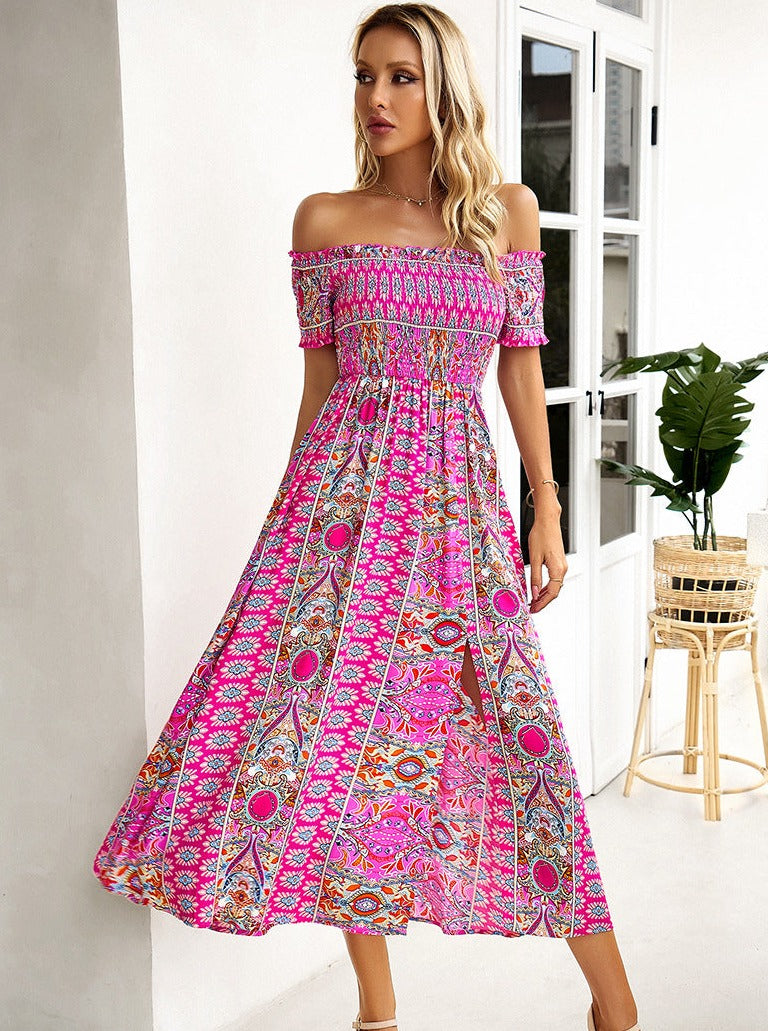 Pink Off Shoulder Bohemian Printed Dress