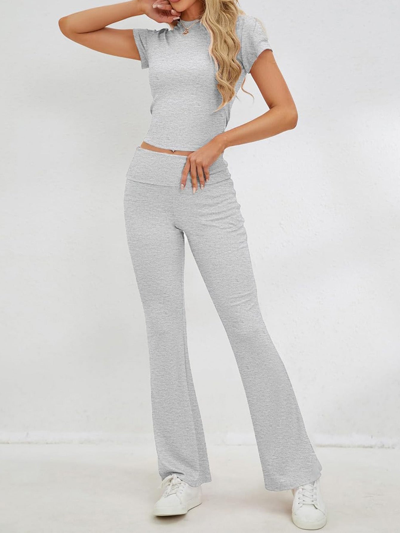 Casual Slim Short Sleeve Crop Top and Pants Set