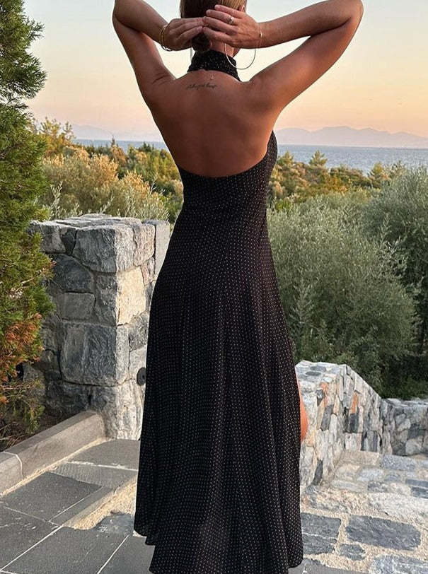 A-Line Halter Neck Sexy Slit Black Long Dress