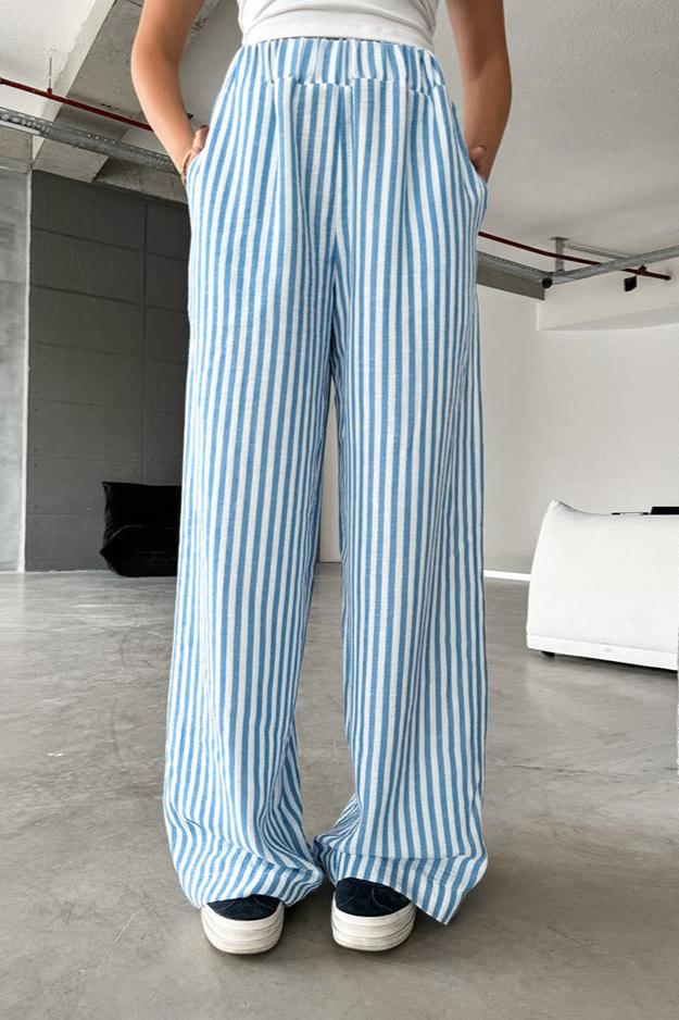 Casual Stripes High Waist Loose Straight Elastic Trousers