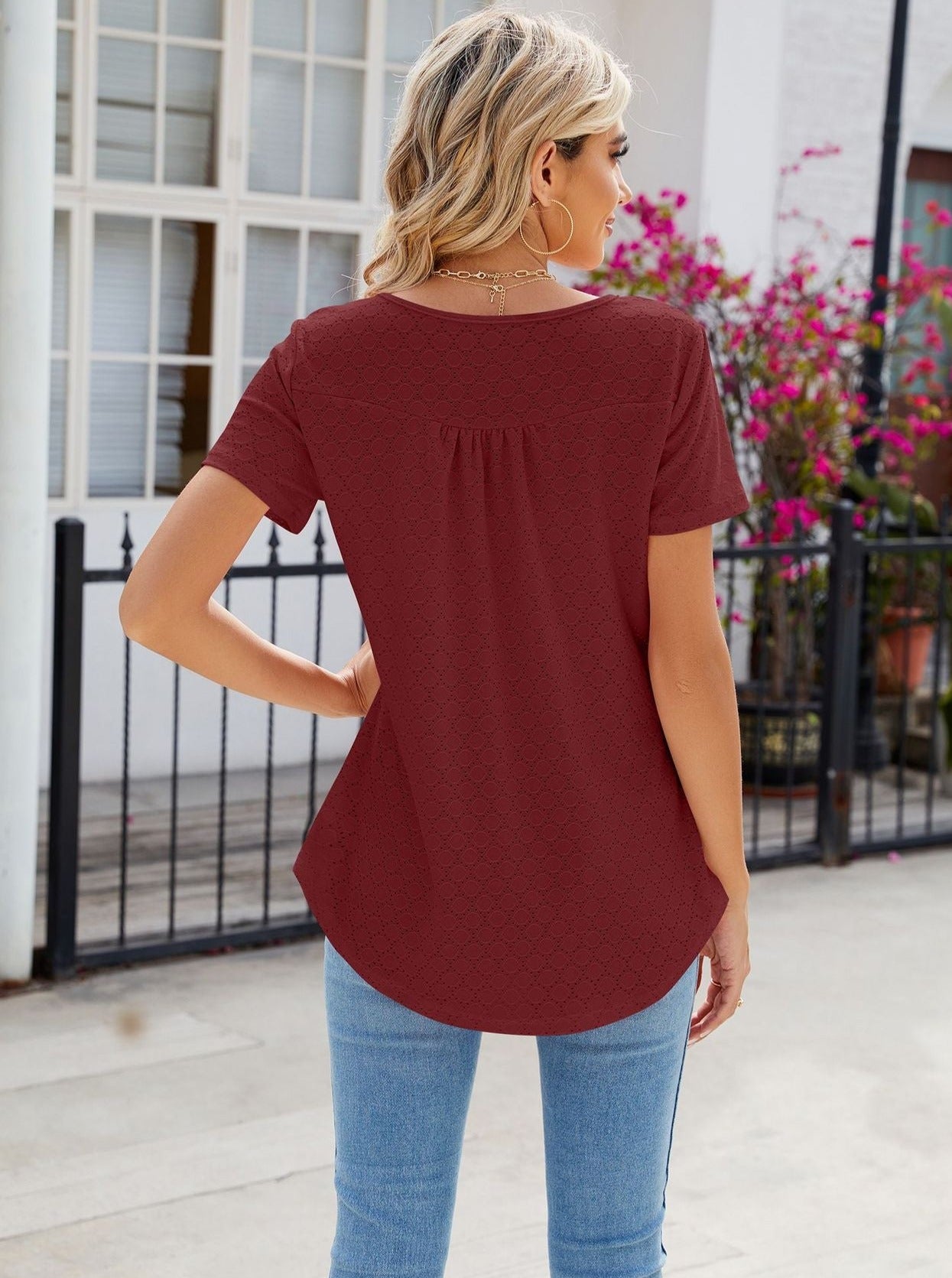 Wine Red Round Neck Button Loose Short Sleeve T-Shirt
