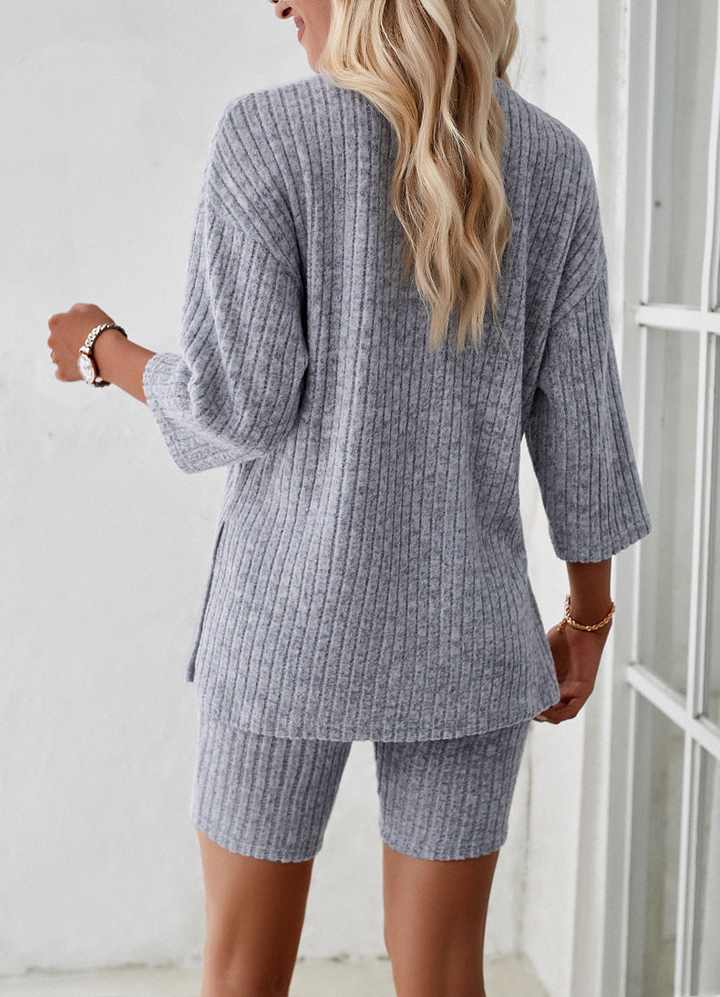 Long Sleeve Knitted Shirt and Shorts Set