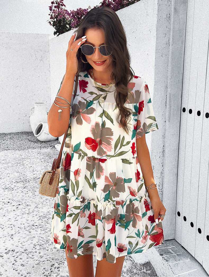 White Leisure Vacation Printed Short-Sleeved Dress