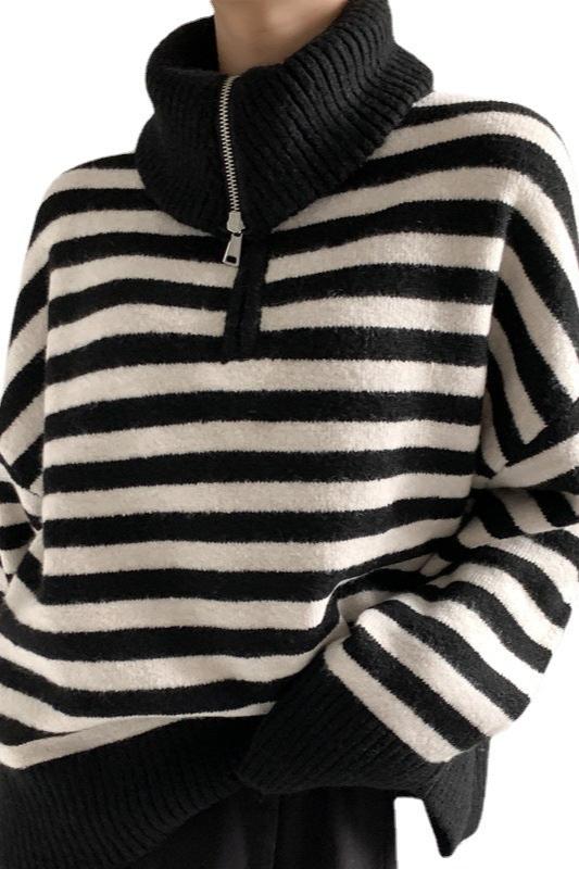 Loose Stripe Collared Half Zip Long Sleeve Sweater