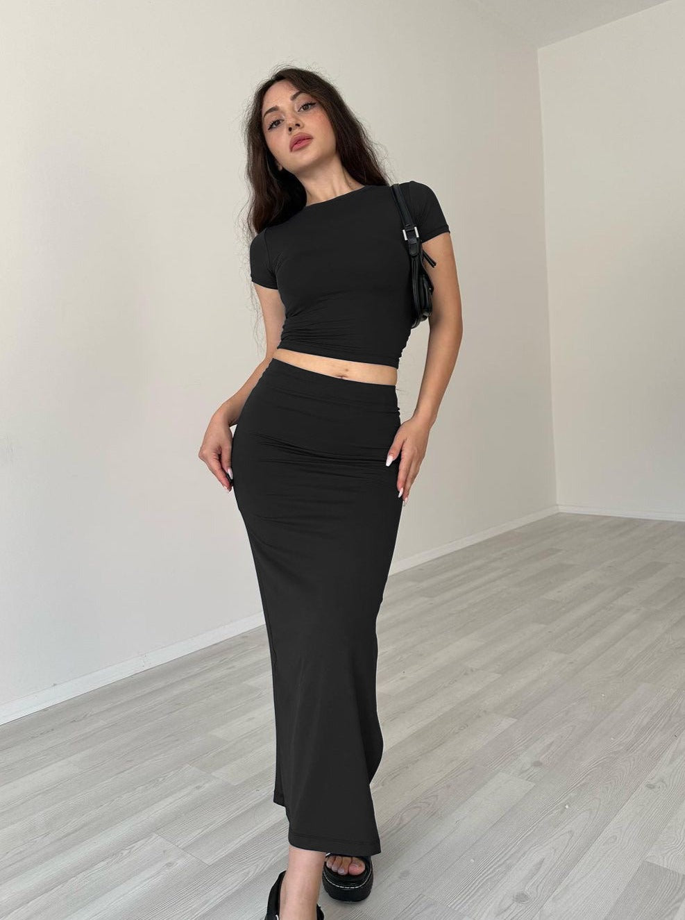 Casual Black Round Neck Crop Top and Skirt Set