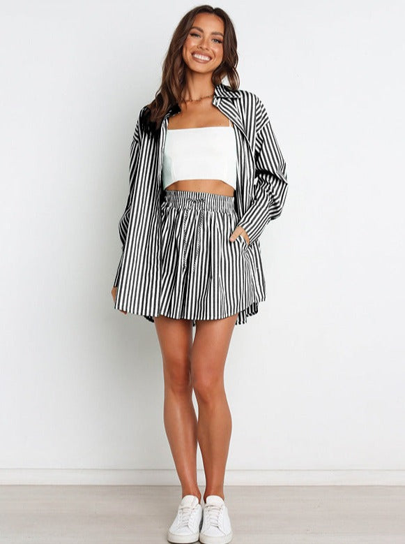Black Striped Long Sleeves and Shorts Set