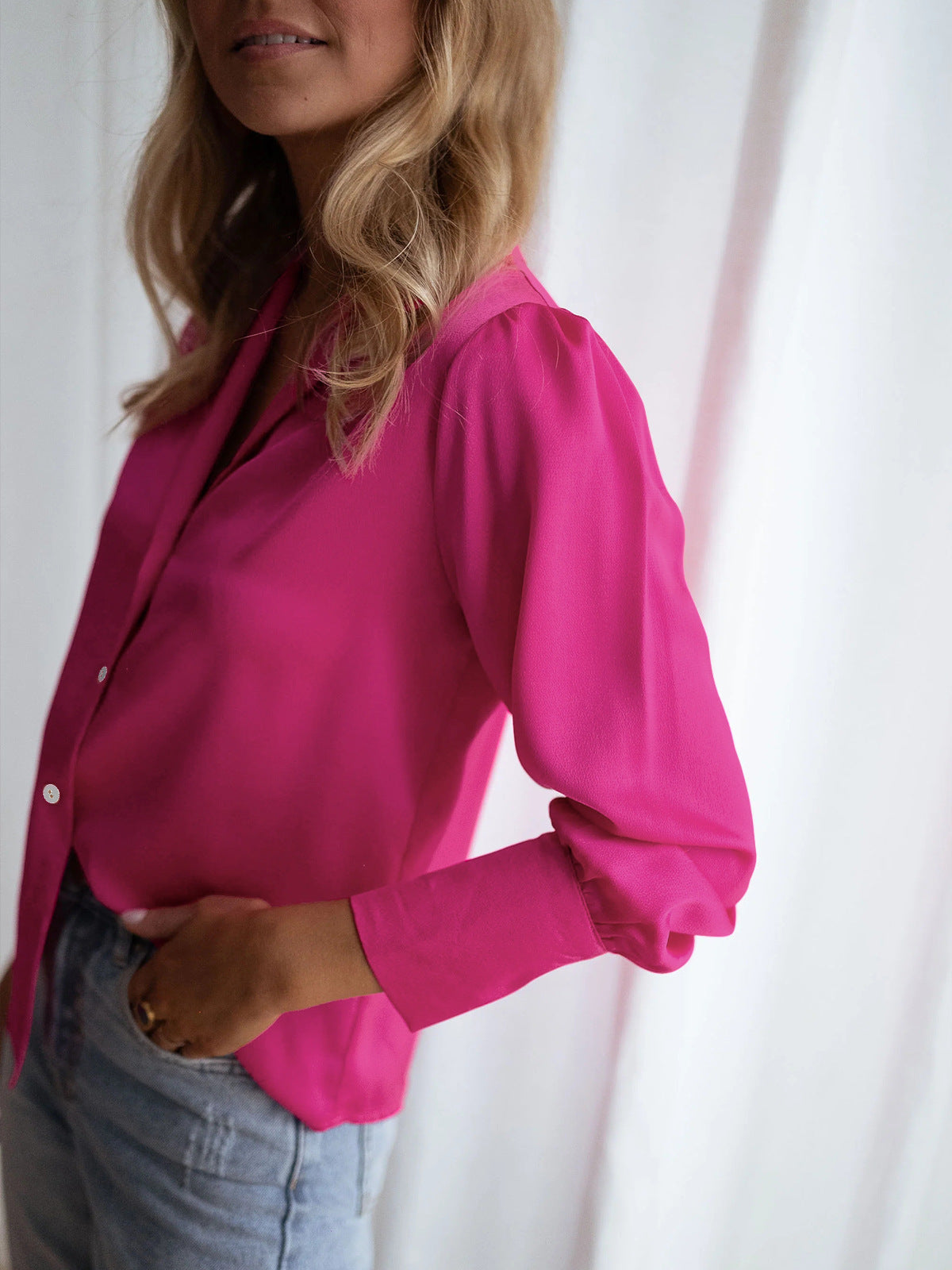 Pink Women Loose Button Down Long Sleeve Shirt