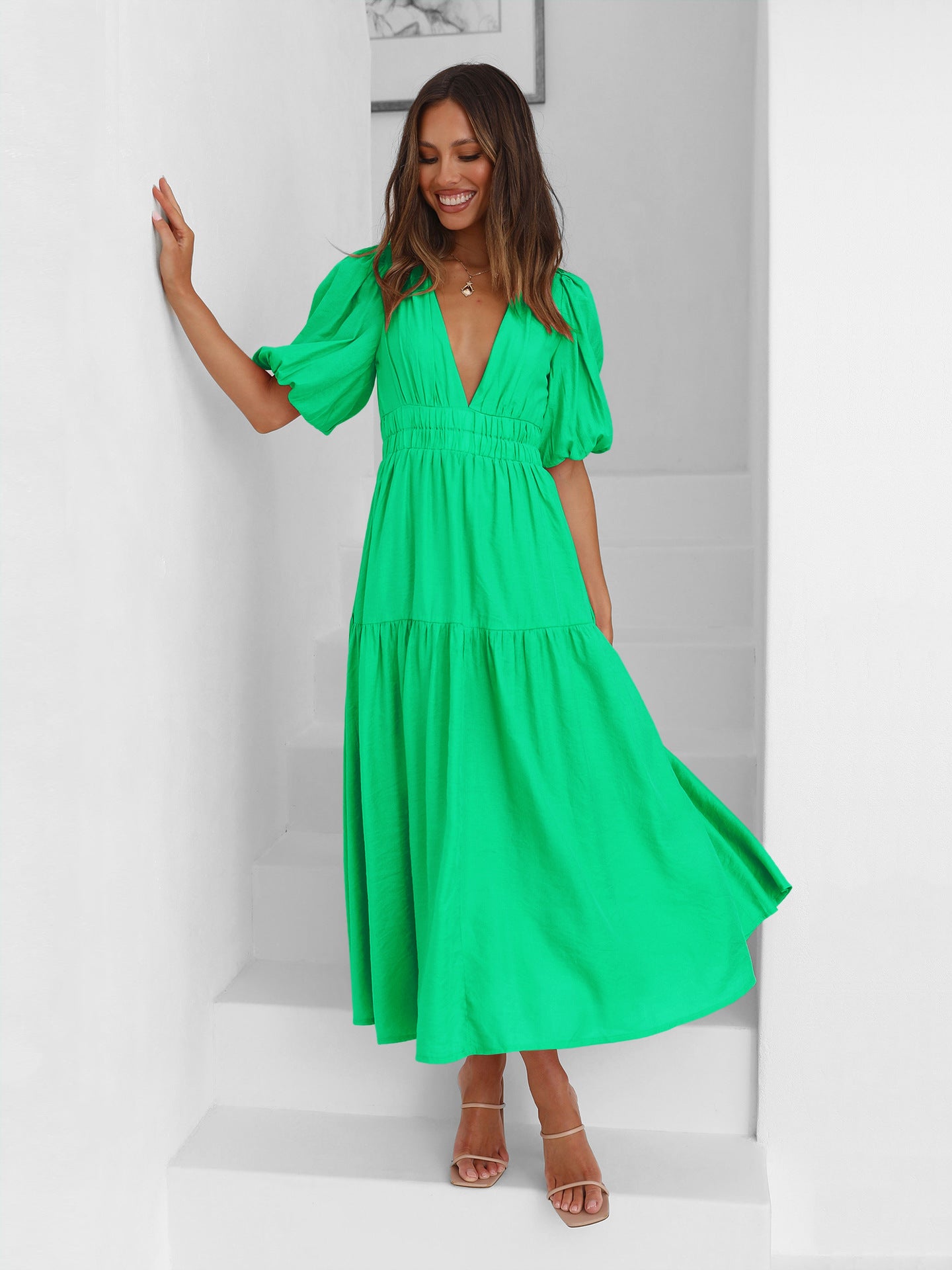 Green Deep V-Neck Puff Sleeve Layered Dress