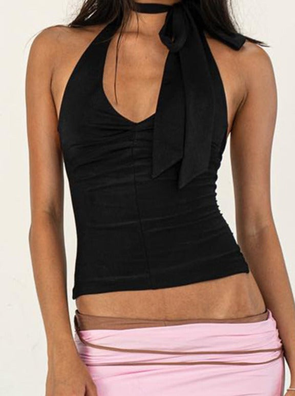 Sexy Low-Cut V-Neck Pleated Tie Halter Neck Backless Top