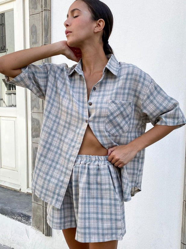 Basic Plaid Button Down Short Sleeve Tops and Shorts Set