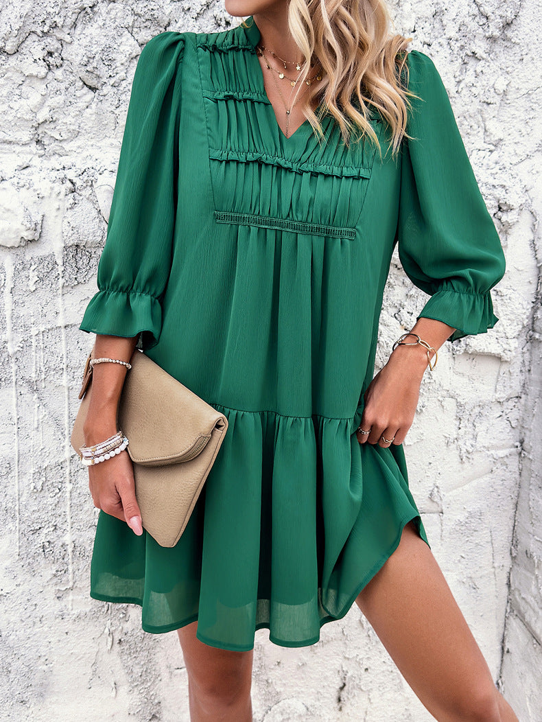 V-Neck Solid Color Half Sleeve Dress