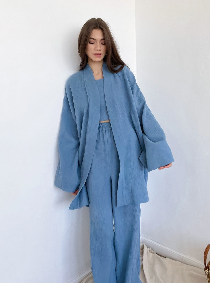 Blue Long-Sleeves Loose Trouser Two-Piece Suit