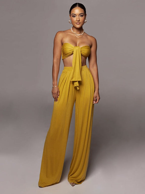 Gold Lace-Up Tube Top and Mid Waist Wide Leg Pants