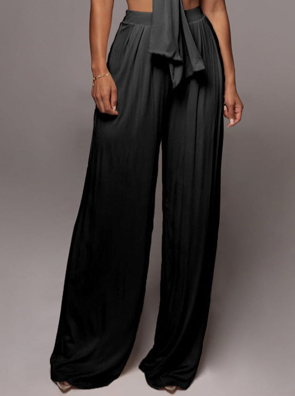Black Lace-Up Tube Top and Mid Waist Wide Leg Pants
