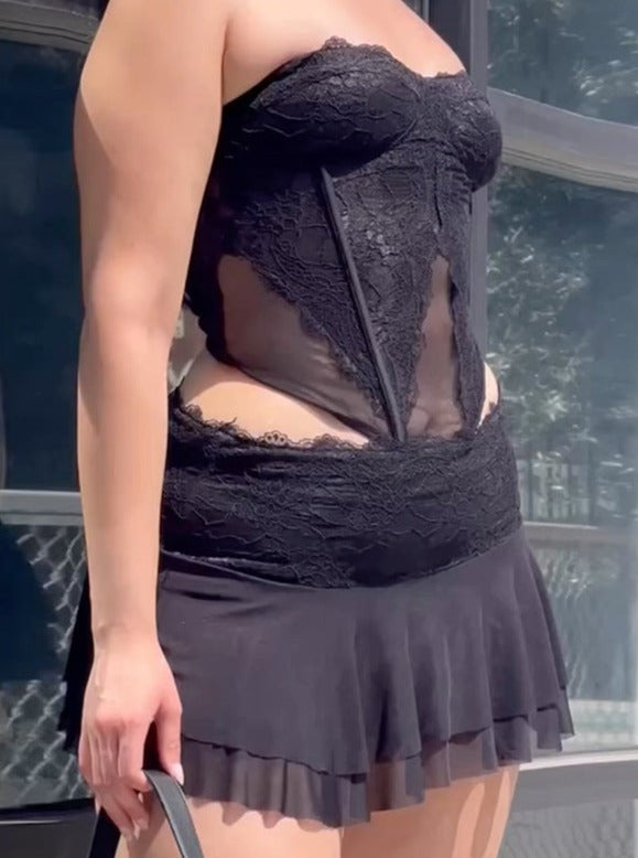 Sexy Two Piece Lace See-Through Double Layer Short Skirt Suit