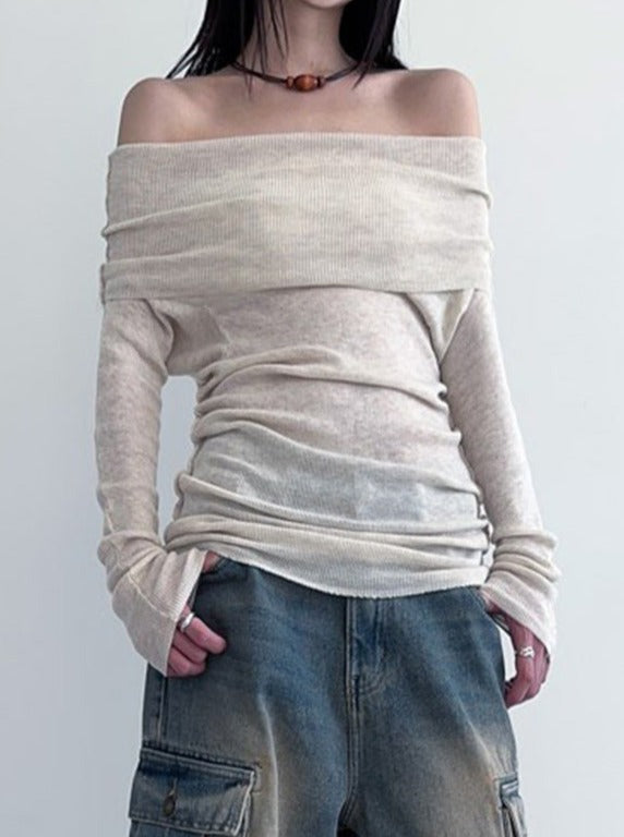 Off Shoulder Long Sleeve Elegant Plain Knit Shirt