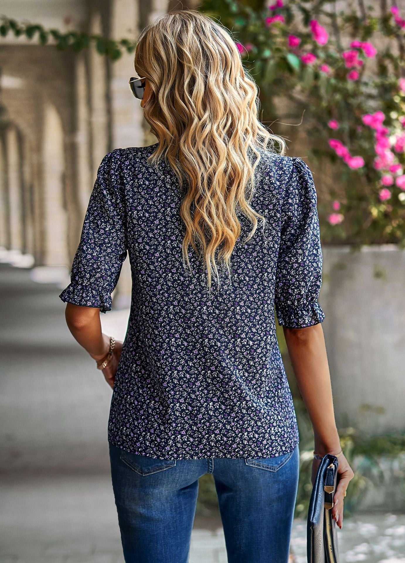 Casual Floral Printed Puff Sleeve Top