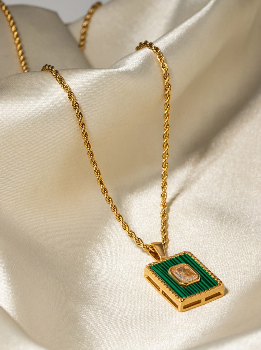 18K Green Rectangular Pendant Gold Plated Necklace