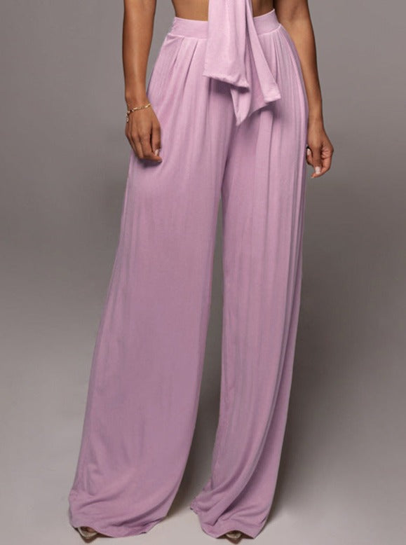 Pink Lace-Up Tube Top and Mid Waist Wide Leg Pants