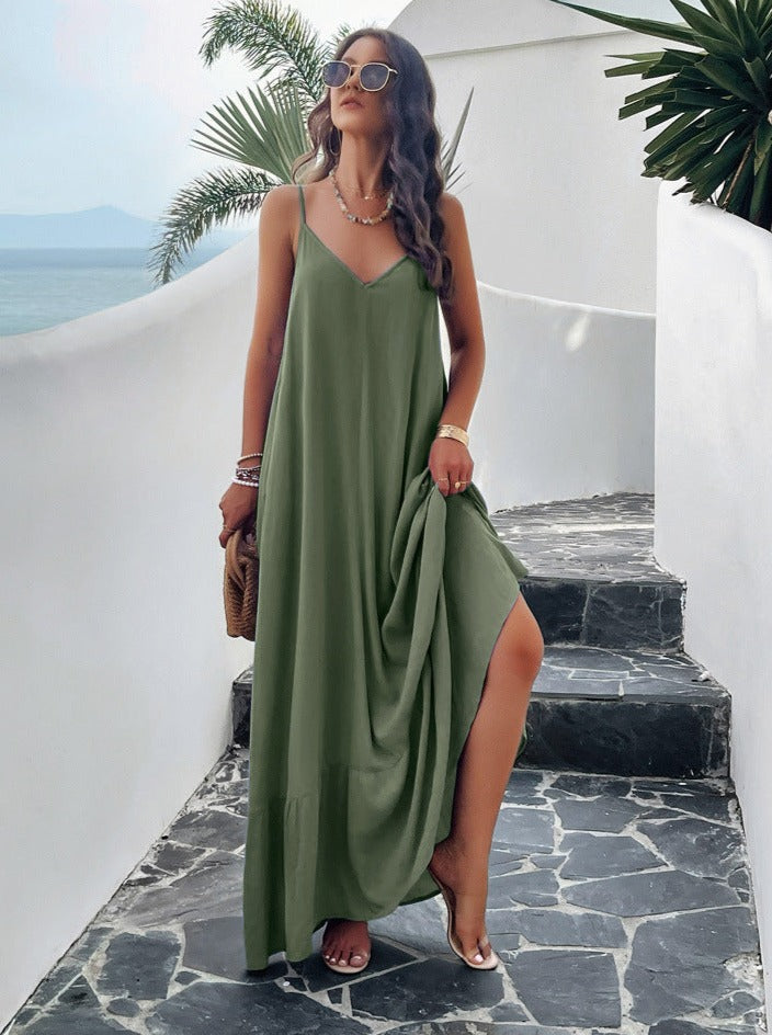 Green Casual Solid Color Suspender Maxi Dress