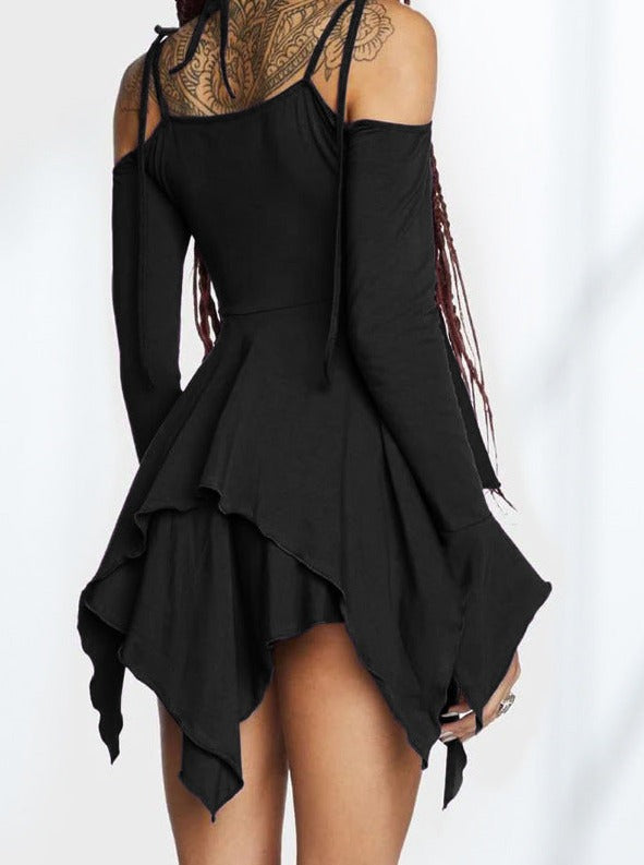 Off Shoulder Long Sleeve Irregular High Waist Ruffled Mini Dress
