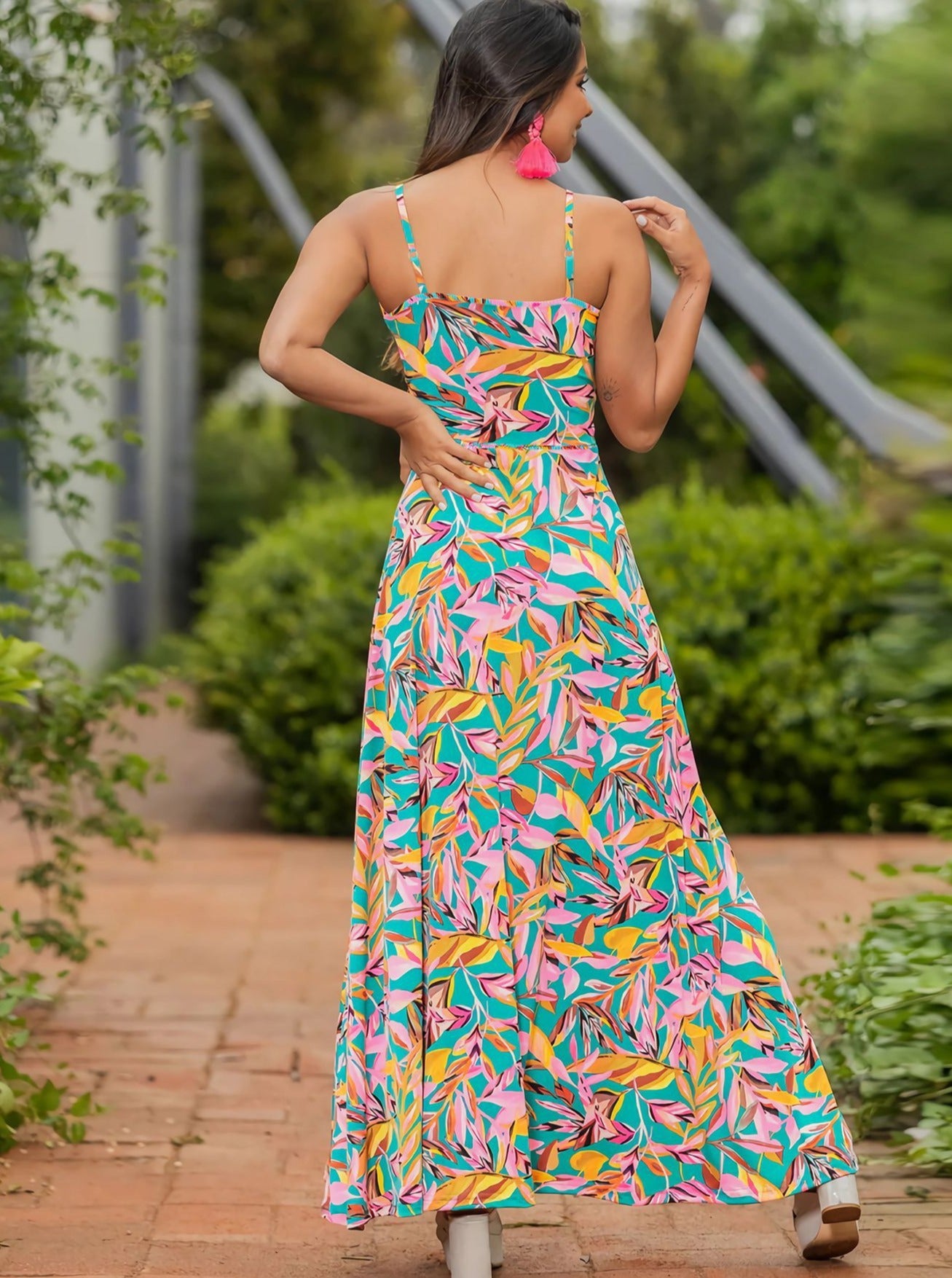 Elegant V-hals trykt snoet chik lang A-line kjole 
