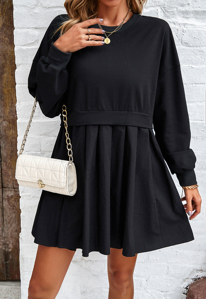 Round Neck Long Sleeve Pleated Dress