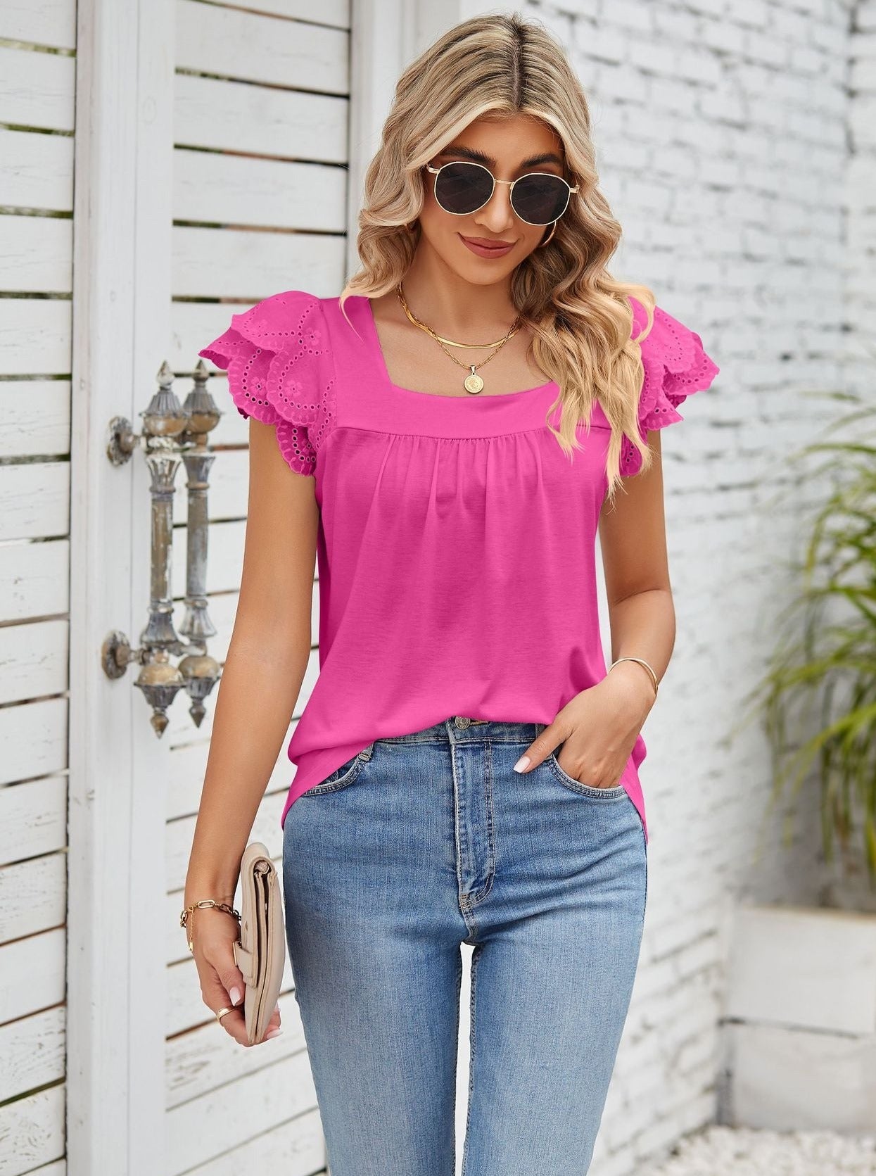 Pink Lace Stitching Square Collar Petal Short-Sleeved Shirt