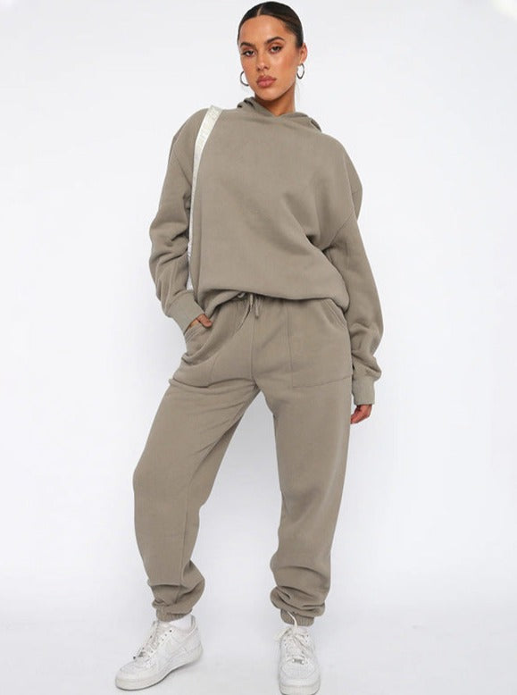 Casual Gray Hooded Long Sleeve Sweater and Trousers Set