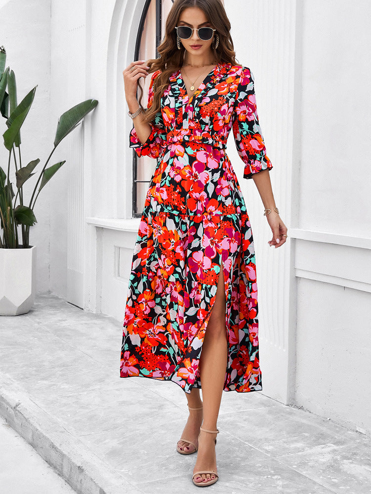 Red V-Neck Floral Printed Sundress