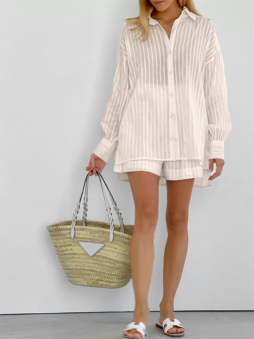 Two Piece Solid Color Stripes Long Sleeve Loose Shorts Suit