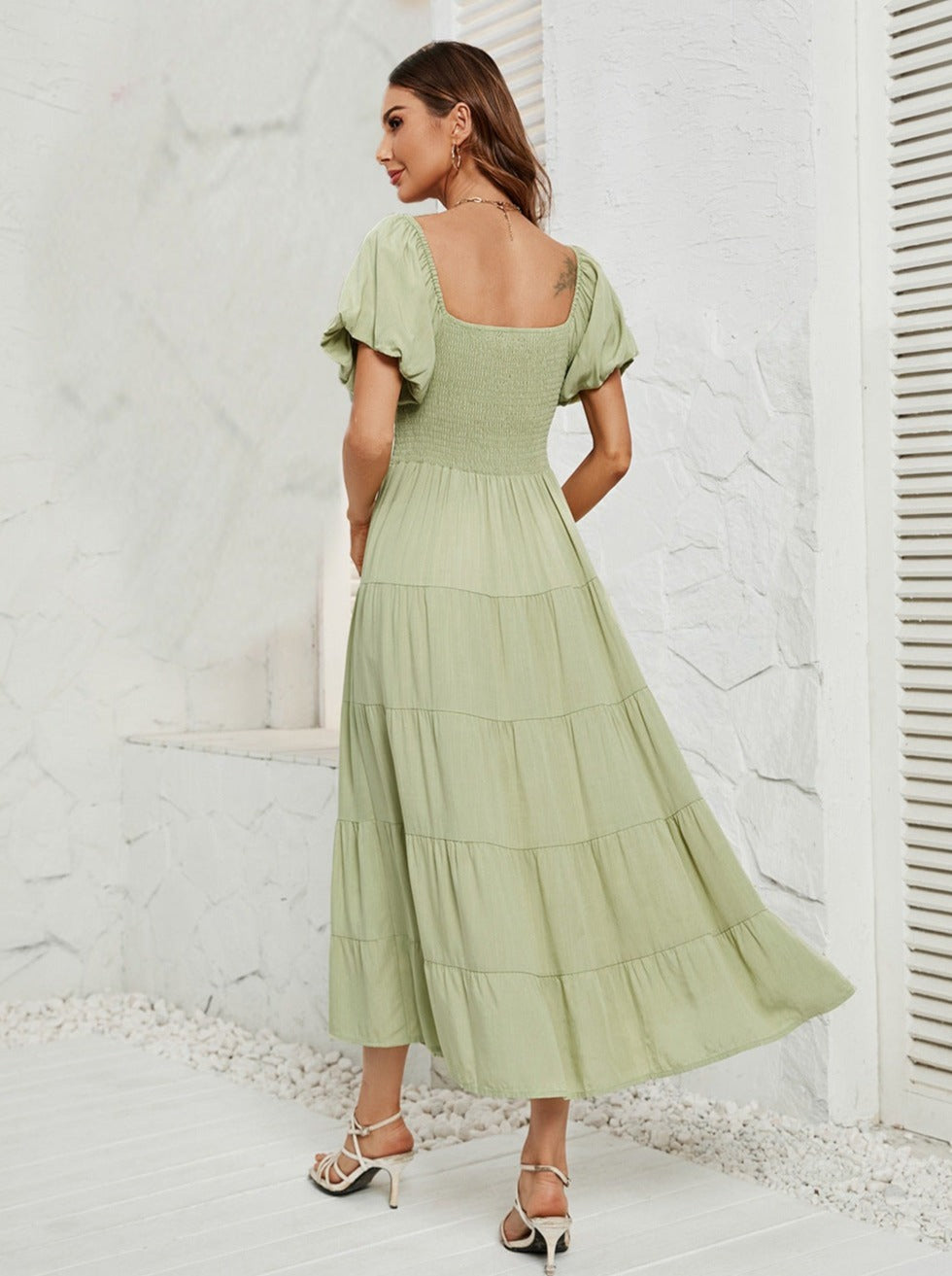 Green High Waist Bubble Sleeve Square Neck Maxi Dress