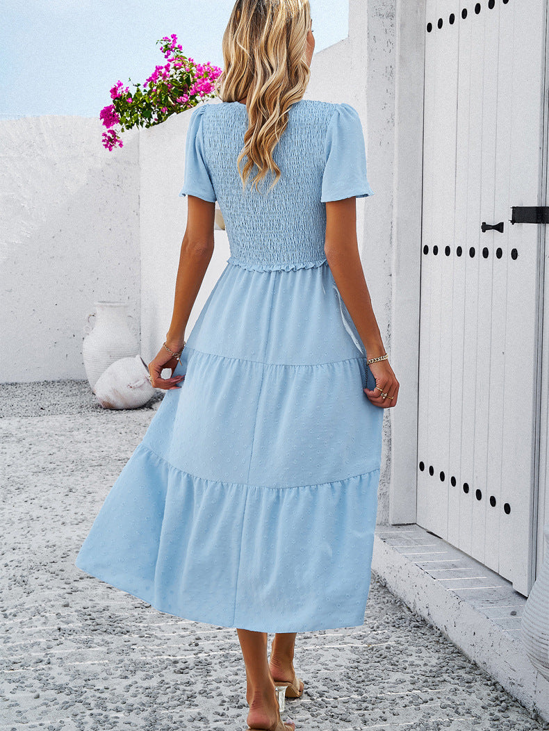 Blue Temperament V-Neck Short-Sleeved Dress