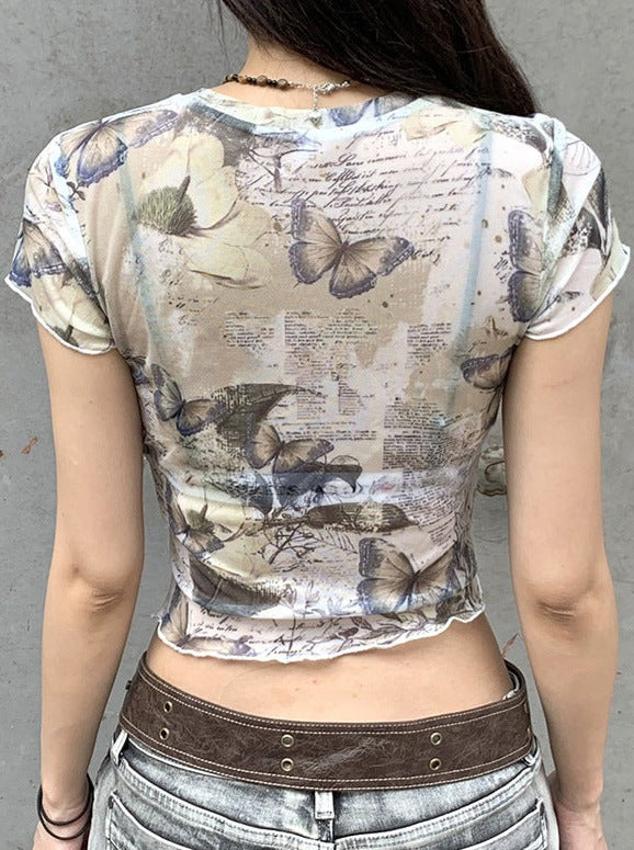 Butterfly Printed Mesh Slim Short Sleeve Thin Shirt