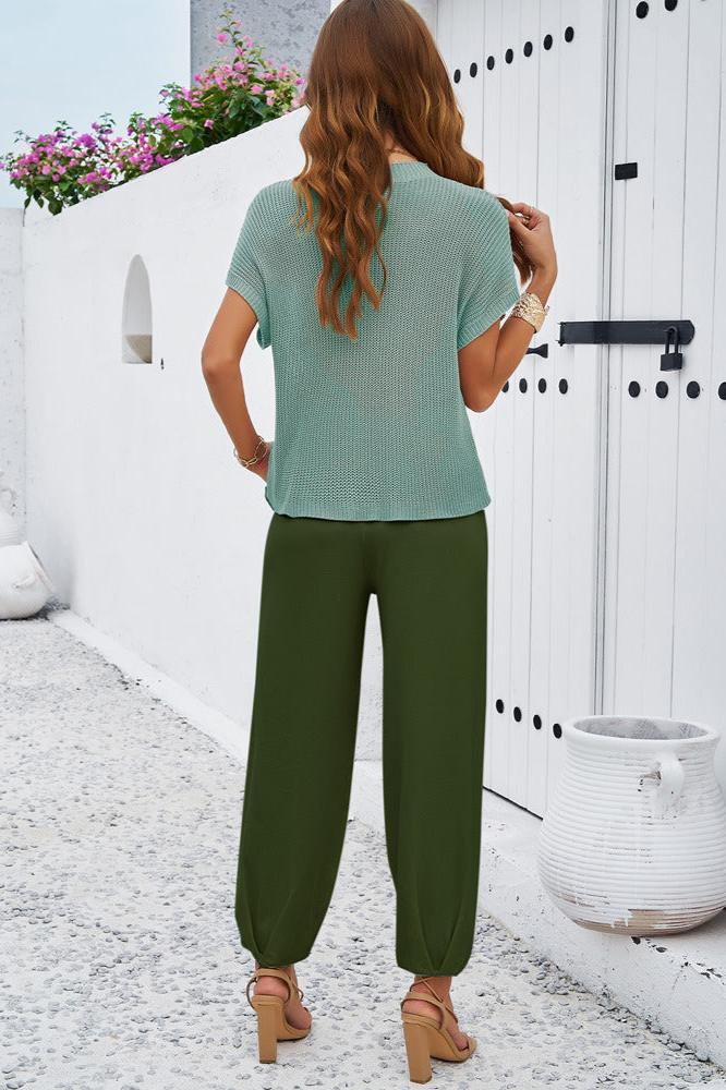 Round Neck Short Sleeve Top and Pants Set