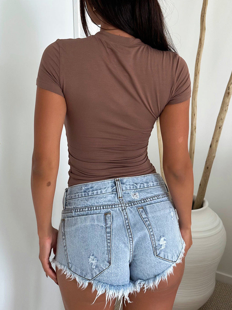 Brown Slim Y2K Round Neck Short Sleeve T-Shirt