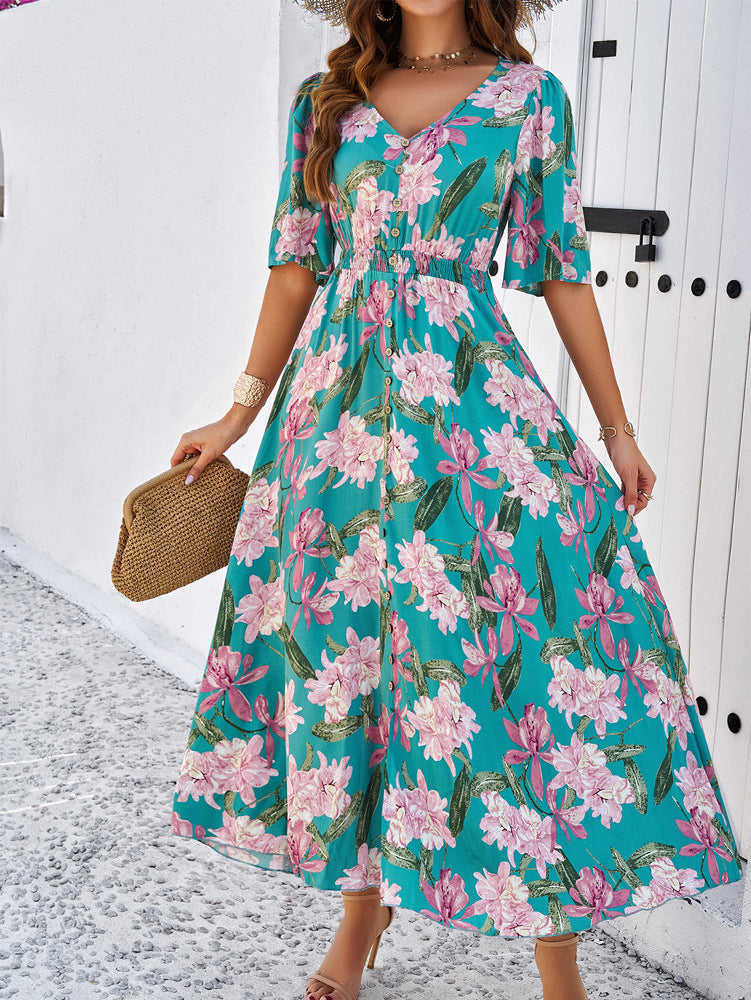 Green Floral Printed Large Swing Dress