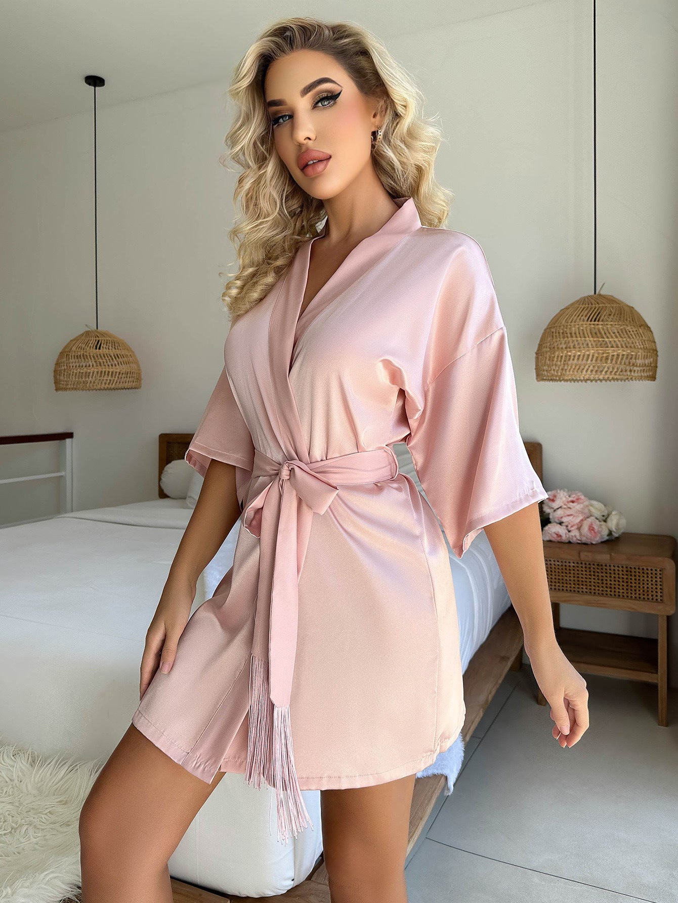 Light Pink Short Cardigan Tie Tassel Bathrobe Sexy Pajamas