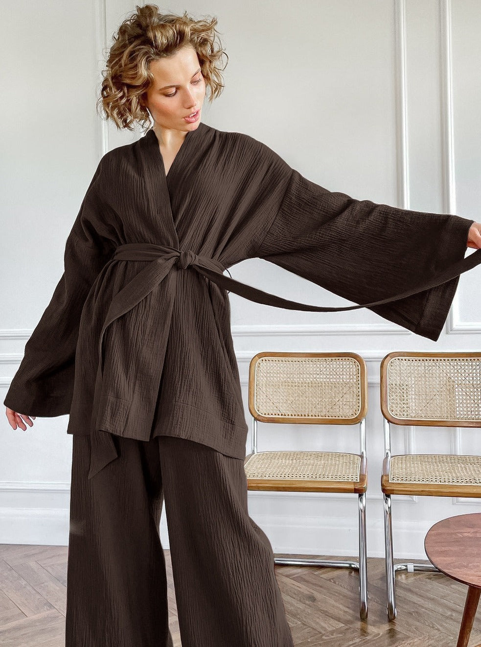 Brown Crepe Long-Sleeves Loose Trouser Two-Piece Suit