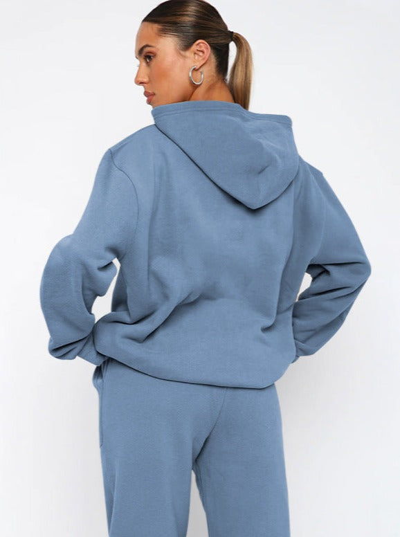 Casual Blue Hooded Long Sleeve Sweater and Trousers Set