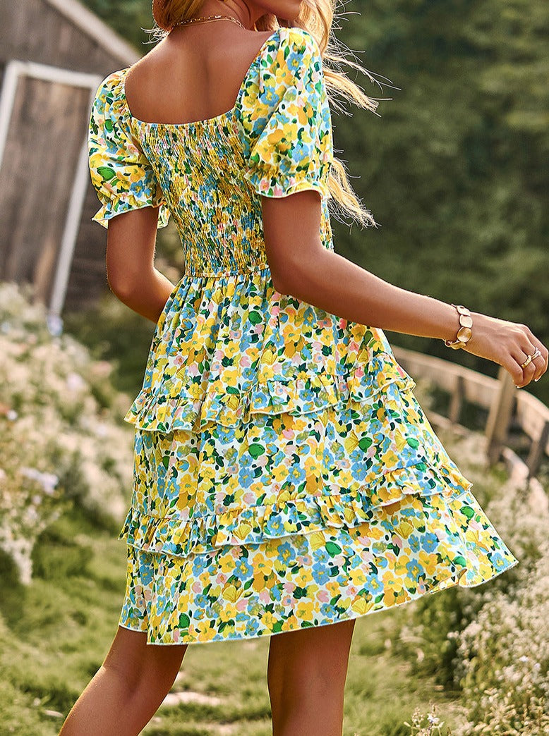 Yellow V-Neck Off Shoulder Floral Printed Cake Skirt Dress