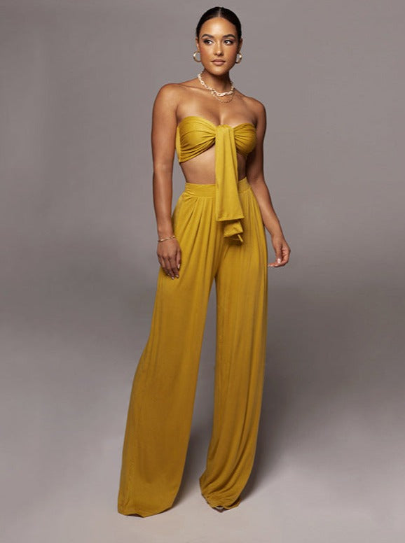 Gold Lace-Up Tube Top and Mid Waist Wide Leg Pants